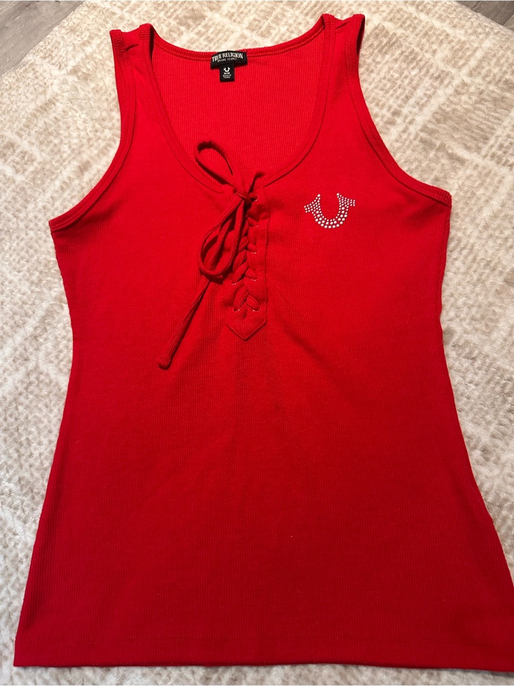 True Religion Red Lace-Up Ribbed Tank with Rhinestone Horseshoe